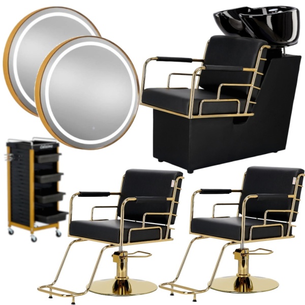 Set Mobilier salon frizerie cu 2 scaune coafor, 1 scafa, 2 oglinzi Led cu Auriu, Ucenic metal
