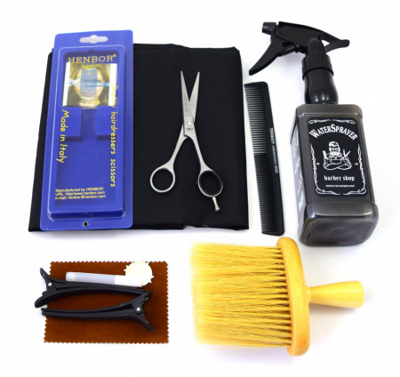 Set frizerie coafor Henbor model Ario01, 8 piese, cu foarfeca de tuns, pelerina, pamatuf, pulverizator, piepten