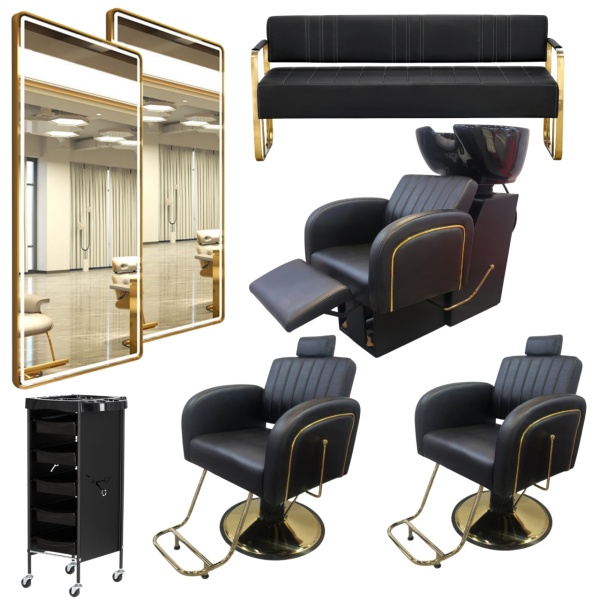Set Scafa cu 2 scaune frizerie, rabatabile cu tetiera, negru cu auriu, 2 oglinzi LED si ucenic