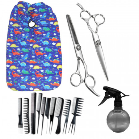 Set frizerie Ardette, Kids05, cu foarfeca de tuns si filat, pelerina tuns, pulverizator si 10 piepteni pentru copii