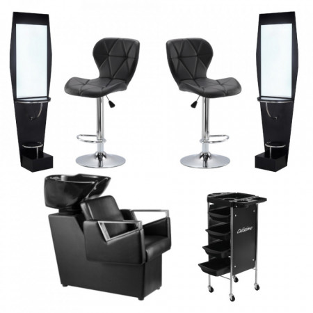 Mobilier frizerie si coafor - Kit frizerie SDN02 cu 1 x unitate spalare coafor, 2 x scaune salon coafura, 1 x ucenic frizerie, 2 x oglinda salon