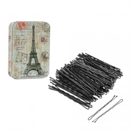 Set agrafe frizerie negre, 100 bucati, in cutie metalica Paris
