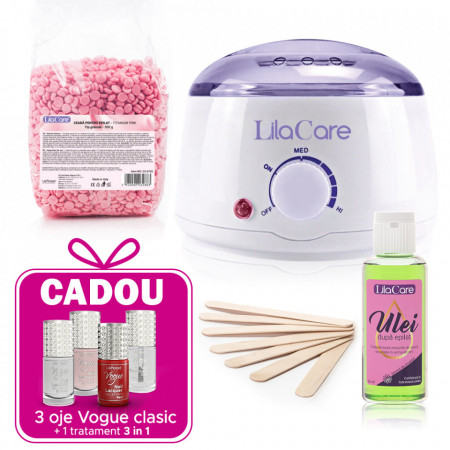 Set epilare complet cu incalzitor ceara Lila Care, Ceara granule roz, ulei dupa epilat