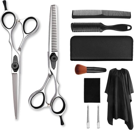 Set foarfeca tuns si foarfeca filat · Sword Cut · 10 piese · clipsuri metalice · pieptan carbon · husa depozitare · pelerina tuns · pamatuf frizerie · brici pentru filat parul.