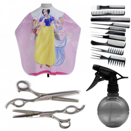 Set frizerie Ardette, Kids01, cu foarfeca de tuns si filat, pelerina tuns printese, pulverizator si 10 piepteni pentru copii
