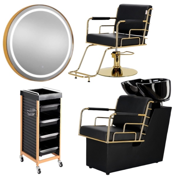 Set Mobilier frizerie cu 1 post de lucru coafor, scaun frizerie profesional, scafa, Negru cu Gold