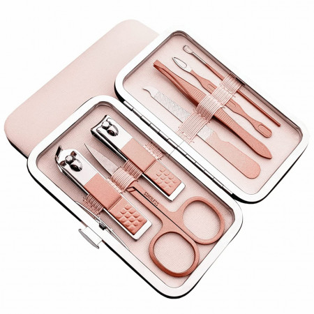 Trusa manichiura 7 piese, forfecuta sprancene, unghiera, penseta si ustensile manichiura, rose gold