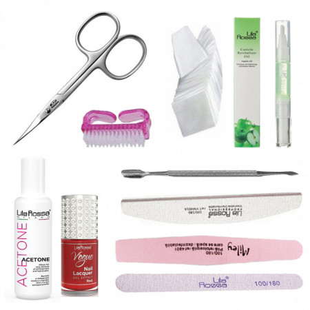 Kit complet manichiura Fideo cu oja rosie, forfecuta unghii, instrument cuticule, acetona