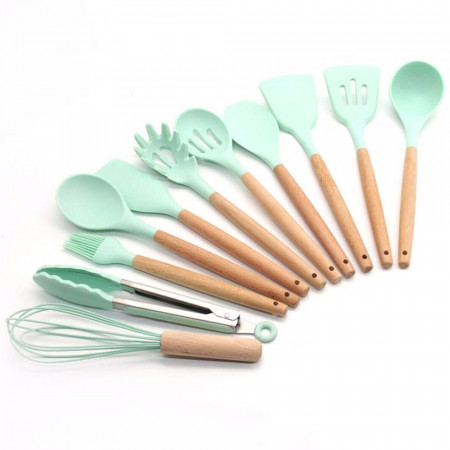 Set ustensile de bucatarie , din silicon termorezistent si maner din lemn