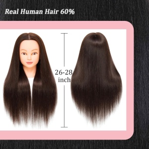 Cap de practică manechin cu păr natural uman, 55 cm, termorezistent, saten – ideal pentru tuns și coafat - Img 2
