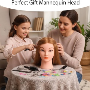Cap de practică manechin cu păr sintetic 60 cm blond – pentru tuns, coafat, împletituri, accesorii incluse + suport de masă - Img 3