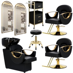 Mobilier coafor cu 2 scaune frizerie negre aurii si scafa coafor profesionala - Img 1