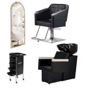 Mobilier frizerie complet Crystal cu scaun coafor, scafa, post de lucru și ucenic cosmetic - Img 1