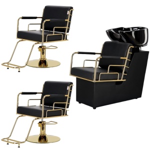 Mobilier frizerie cu 2 scaune coafor, 1 unitate de spalare neagra cu auriu, cu riflaj - Img 1