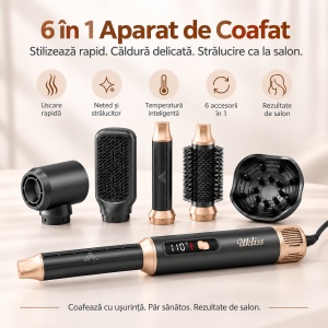 Ondulator automat cu aer cald, Aparat De Coafat pentru bucle Multifunctional 6 In 1, Uscator si perie volum, Multistyler par