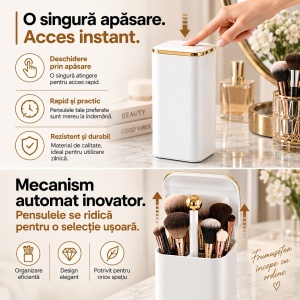 Organizator pensule machiaj, Alb cu auriu Gold, Automat, 4 compartimente pentru cosmetice - Img 6