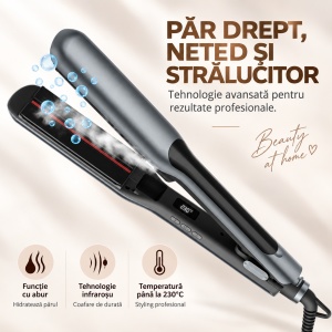 Placa pentru Par cu Abur si Incalzire cu Infrarosu, 230°C, Indreapta si Onduleaza, Protectie Termica, Hidratare si Stralucire naturala, Temperatura Reglabila, Functie Abur
