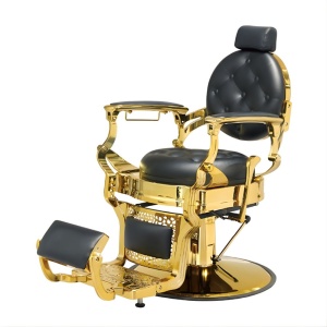 Scaun Frizerie Profesional Wallace Negru cu Accente Aurii – Reglabil Hidraulic, Design Premium