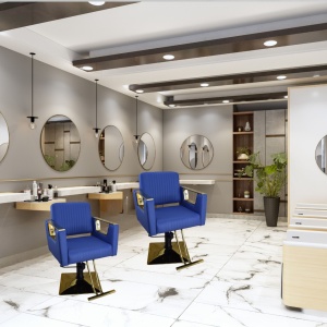 Scaun frizerie și coafor hidraulic Albastru cu finisaje Auriu Gold – Profesional, Reglabil - Img 7