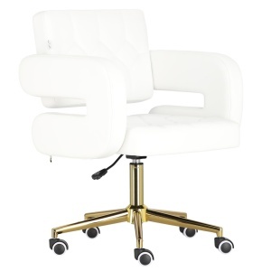 Scaun manichiuriste Luxos pentru salon infrumusetare, alb cu auriu, hidraulic, reglabil pe inaltime