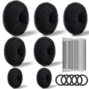Set burete pentru coc par, 7 bureti coc negri, 5 elastice pentru par, 60 ace pentru coc