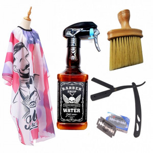 Set complet frizerie barber Berlin cu pulverizator sticla Whisky brici metalic manta barbershop - Img 1