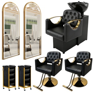 Set complet mobilier coafor cu 2 posturi de lucru – negru cu gold, cu scafa frizerie, scaune coafor si oglinzi