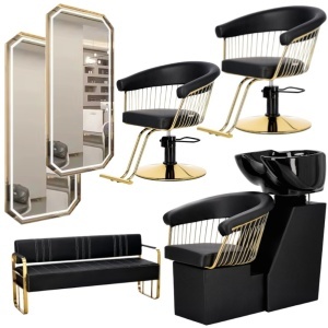 Set complet Mobilier coafura cu 2 scaune coafor, scafa frizerie, neagra cu auriu, oglinzi si canapea - Img 1