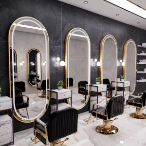 Set complet mobilier frizerie cu receptie, scafa, oglinzi salon, 2 scaune coafor, negru cu gold - Img 7