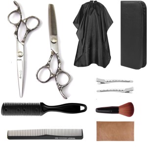 Set foarfeca tuns si filat, Ardette, 10 piese, Inox, Husa depozitare, Manta frizerie, Clame metalice, pamatuf, pieptene carbon - Img 1