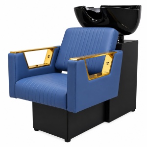 Set Mobila Salon Albastru cu Auriu – Scafă frizerie, 2 Scaune coafor albastre, 2 Oglinzi LED Gold - Img 4