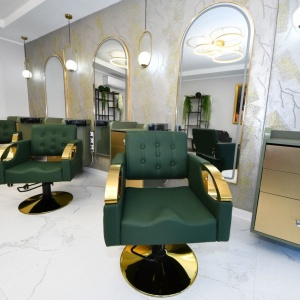 Set Mobilier coafor premium, Verde cu Auriu, cu 2 scaune coafor, 2 oglinzi led si scafa frizerie - Img 7