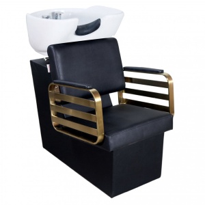 Set Mobilier complet frizerie cu 2 scaune coafor, 1 scafa, 2 oglinzi LED, Negru cu Auriu - Img 5