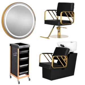Set Mobilier frizerie cu 1 post de lucru, scaun coafor, scafa, oglinda salon 90cm LED - Img 1