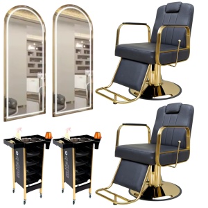 Set mobilier frizerie cu 2 posturi de lucru, 2 scaune barber rabatabile, 2 ucenici, negru cu auriu