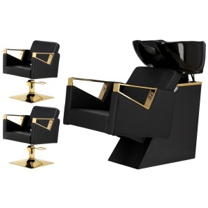 Set Mobilier frizerie cu 2 scaune coafor si scafa frizerie profesionala, negru cu auriu