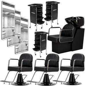 Set Mobilier frizerie cu 3 scaune coafor, scafa, 3 posturi de lucru frizerie, complet dotate - Img 1