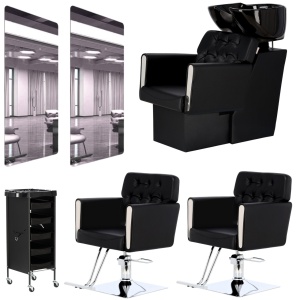 Set mobilier frizerie cu scafa, 2 scaune coafor, 2 oglinzi Led, Negru cu Argintiu