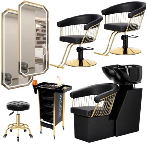 Set mobilier pentru frizerie si coafor cu 2 scaune coafor si unitate de spalare, Negru cu Gold - Img 1