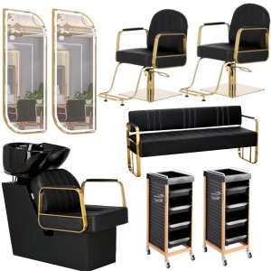 Set mobilier salon cu 2 scaune coafor, scafa frizerie, oglinzi mari Led, canapea receptie - Img 1