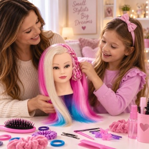 Manechin cu par des Ardette, Vero02, Blond cu roz, 11 piese, cu accesorii pentru exersat coafuri impletituri frizerie - Img 9