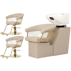 Mobilier salon coafura cu 2 scaune coafor si scafa frizerie profesionala, bej inchis cu auriu