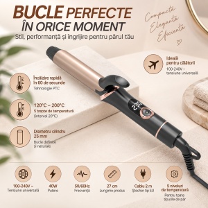 Ondulator de par profesional pentru bucle mari, 25 mm, Temperatură Reglabilă 120-200°C, Afișaj LCD, Negru cu Auriu - Img 6