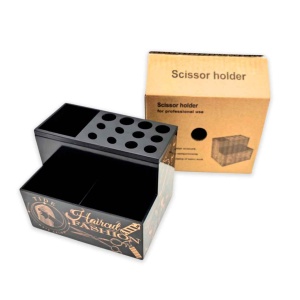 Organizator frizerie pentru ustensile – suport foarfece și perii, plastic dur, compartimentat, negru, 13.5×10.3×10.7 cm - Img 7