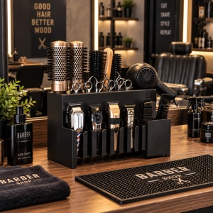 Organizator frizerie profesional Negru, pentru perii coafor, masini de tuns, fixare pe masa sau de perete - Img 4