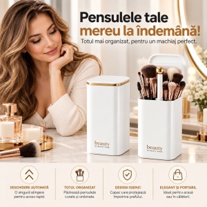 Organizator pensule machiaj, Alb cu auriu Gold, Automat, 4 compartimente pentru cosmetice - Img 3
