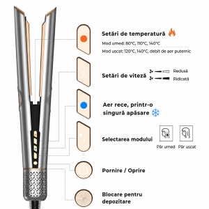Placă de Îndreptat Părul cu Aer Cald 2 în 1 – Uscător de Păr și Aparat de Îndreptat, Uscare și Îndreptare Simultană, Hair Straightener, Gri - Img 2