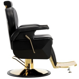 Scaun frizerie barber profesional, cu tetiera, rabatabil pe spate, negru cu auriu - Img 2