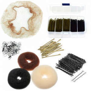 Set accesorii coafor Ardette, model SCRF3, 9 piese, Plastic/ metal, cu clama, ace, agrafe, elastice, plasa si burete pentru coc frizerie