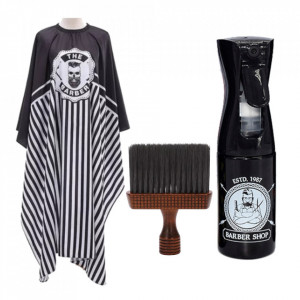 Set accesorii frizerie Mano03 cu pelerina, pamatuf si pulverizator pentru salon barber, scoli coafor - Img 1